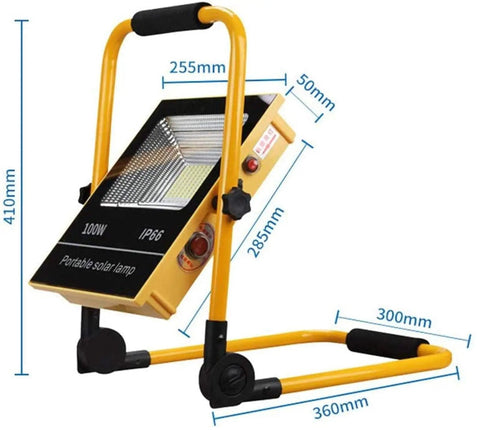Badass Portable Solar Led Flood Light With Rechargeable Battery And Ip65 Waterproof Build offers a clear view of dimensions labeled on a yellow flood lamp.