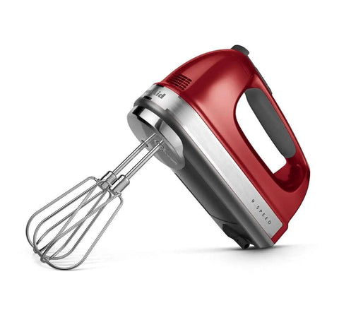 Killer Performance Nine Speed Hand Mixer Featuring A Vibrant Candy Apple Red Design And Durable Attachments For No Sweat Battering And Fast Cleanup Jobs Around The House