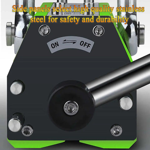 Close-up of Heavy Duty Magnetic Lifter with Release Handle, featuring stainless steel construction and ON/OFF switch.