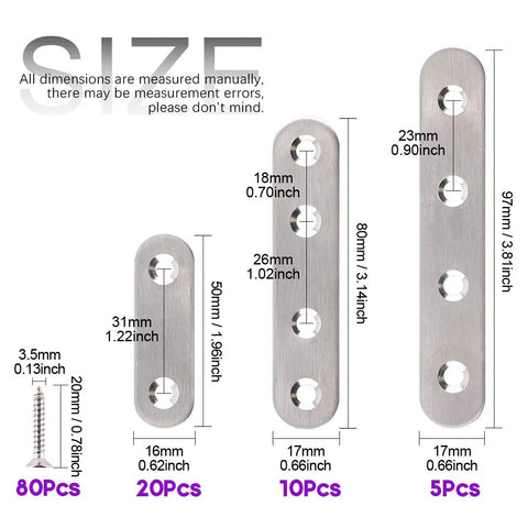 Stainless Steel Flat Brace Shelf Brackets Kit With Screws Three Size Set 50mm 80mm 100mm dimensions and quantities shown