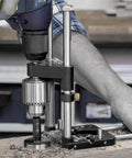 No Sweat Adjustable Woodworking Drill Guide With Precision Drilling Template, 28x10cm, being used to drill into wood.
