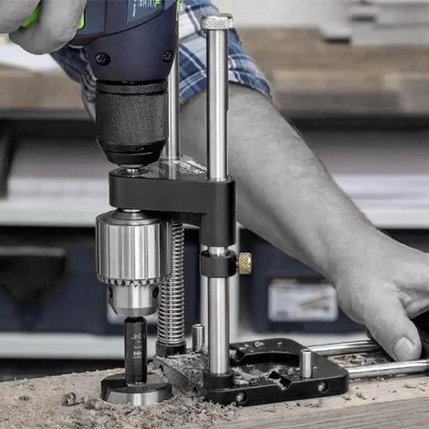 No Sweat Adjustable Woodworking Drill Guide With Precision Drilling Template, 28x10cm, being used to drill into wood.