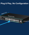 Image of 26-Port Gigabit PoE Switch With 24 PoE Ports And 2 Uplink Ports, Unmanaged Ethernet Switch, dimensions labeled, plug and play shown
