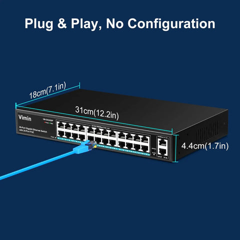 Image of 26-Port Gigabit PoE Switch With 24 PoE Ports And 2 Uplink Ports, Unmanaged Ethernet Switch, dimensions labeled, plug and play shown