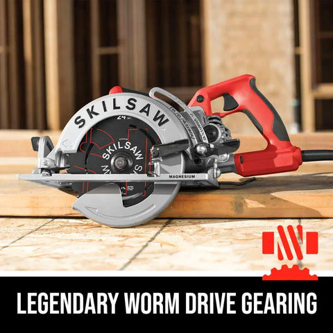Lightweight Worm Drive Circular Saw With 15 Amp Engine And 7 1/4 Inch Blade on wooden surface, featuring magnesium body.