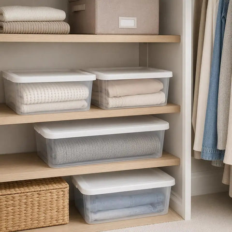 Clear Plastic Storage Bins 6 Quart With White Snap On Lids Stackable Set Of Ten versatile containers organizing blankets on shelves.