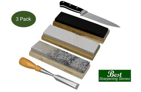 3 Stone Sharpening Stone Set With Wood Mounted Base, Pro Grade Soft Hard Black Stones In Coarse Fine And Extra Fine Grits, 2x6 2x8 Or 2x10