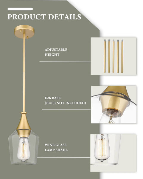 Gold Pendant Light 2 Pack With Clear Glass Shade, Modern Hanging Fixture showcasing adjustable height and wine glass lamp shade.
