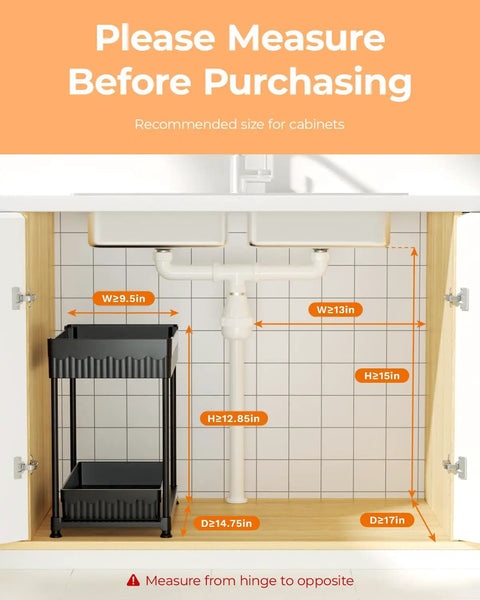 Under sink area measuring guide showcasing dimensions for Three Pack Under Sink Organizers With Smooth Sliding Drawers And Heavy Duty Mesh Bins, Adjustable Kitchen Cabinet Storage Rack For Quick Access, Total Game Changer To Trash Countertop Clutter And Freshen Your Living Space.