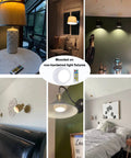 Two Pack Battery Operated LED Light Bulbs With Remote Control Dimmable Timer E26 installed in various home settings.