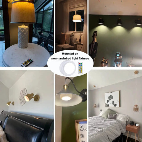 Two Pack Battery Operated LED Light Bulbs With Remote Control Dimmable Timer E26 installed in various home settings.