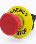 2NC 22mm Red Emergency Stop Push Button Switch with red mushroom cap and yellow background, suitable for industrial shut off, 660V 10A AC.