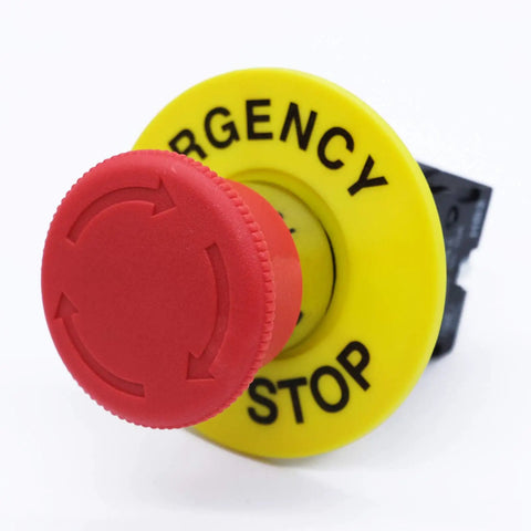 2NC 22mm Red Emergency Stop Push Button Switch with red mushroom cap and yellow background, suitable for industrial shut off, 660V 10A AC.