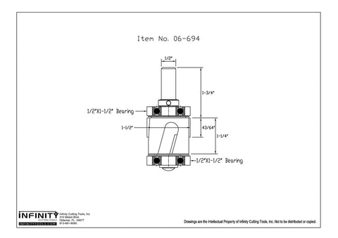 Technical drawing of Mega Flush Trim Router Bit Set with carbide tips, heavy duty CNC machined steel, half inch shank.