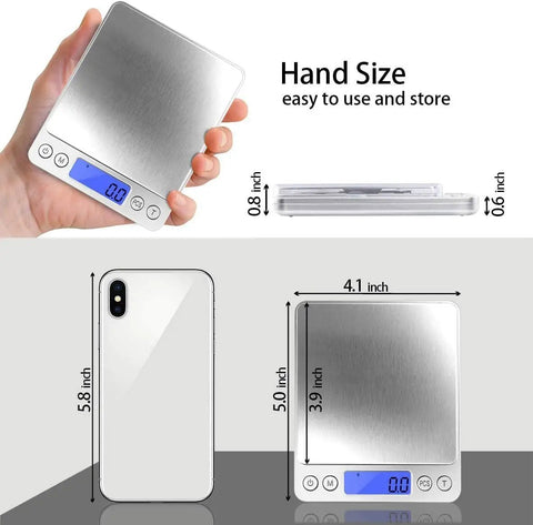 Pocket Scale 3000g x 0.1g With LCD Display, Tare Function, shown hand-held with size comparison to smartphone and side view