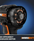 Close-up of Power Share 20V Cordless Hammer Drill With Brushless Motor 1/2 In Heavy-Duty Chuck showing motor mechanics.