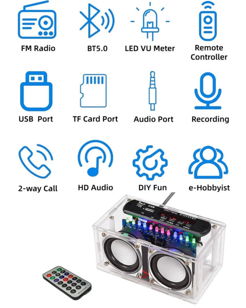 Soldering Practice Kit For Stereo Speaker Build With Bluetooth And FM Receiver Including USB Player showing components and features.