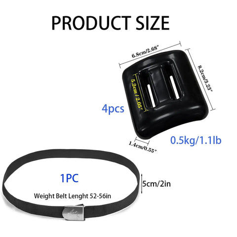 Dive Belt With Coated Lead Weights And Nylon Belt With Metal Quick Release Buckle For Scuba And Free Diving, Includes Four Weights From 1lb To 3.3lb (0.5kg To 1.5kg), A Practical Beginner To Pro Weight Kit showing belt and weight dimensions