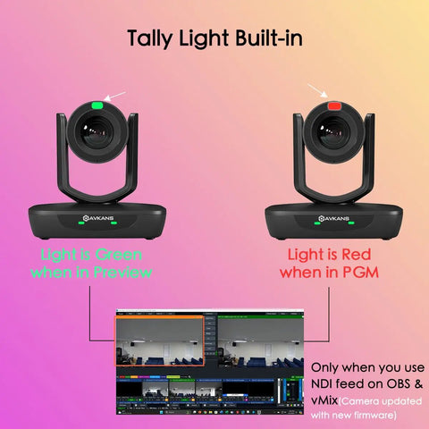 AI Auto Tracking 6 Camera PTZ Live Streaming System With 20x Optical Zoom showing green and red tally light indicators.