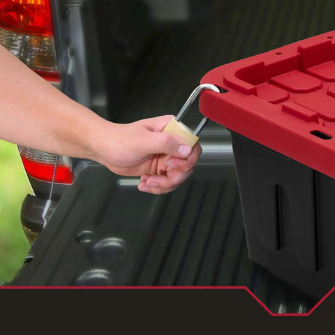 Heavy Duty 27 Gallon Storage Bin 2 Pack Large Plastic Container With Secure Snap On Lid, locking lid demonstrated.
