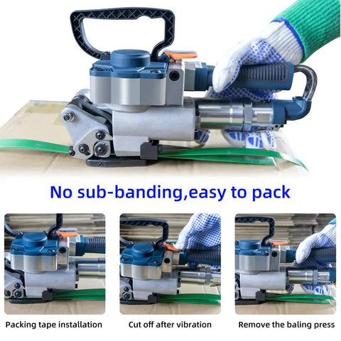 Ultra Lightweight Handheld Pneumatic Strapping Tool Absolute No Brainer Badass Workhorse For PP And PET Strapping Bands Half And Three Quarter Inch Killer Grip Sealer at work on packaging.