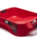 Red Deep Well Paint Tray With Gallon Capacity, Dual Handles, Magnetic Brush Holder, angled view, plastic material.