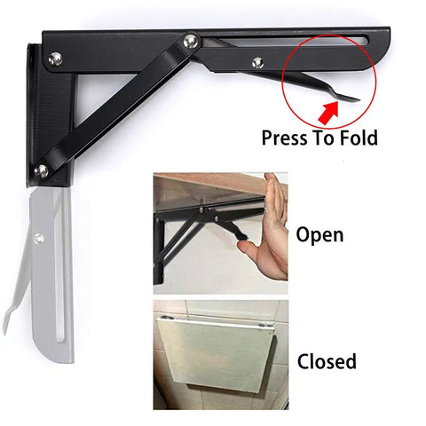 Heavy Duty Folding Shelf Bracket Set Black Metal Triangular Hinge Supports For Wall Mounted Shelves And Benches 8 Inch 2 Pack Load Capacity Up To 99lb Durable Steel Construction shown in open and closed positions with press-to-fold feature