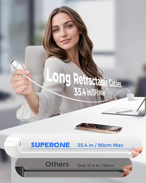 Woman using All In One Retractable 4 Port USB C Charger Block With Apple Cable For iPhone 11 Through 17 And iPad Samsung Pixel