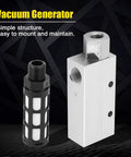 Front view of CV-20HS vacuum generator with silencer; white rectangular body and black muffler cartridge