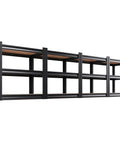 Four Pack Heavy Duty Metal Garage Shelving Unit With Three Tier Adjustable Steel Shelves Tool Free Assembly Powder Coated Black Finish Rust Resistant Storage Racks 33 Inch High 35 Inch Wide 16 Inch Deep in a horizontal view showing multiple shelves