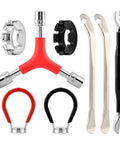 No Sweat Road Warrior Bike Repair Kit featuring five universal spoke wrenches, two tire levers, and one Y-shaped socket adapter.