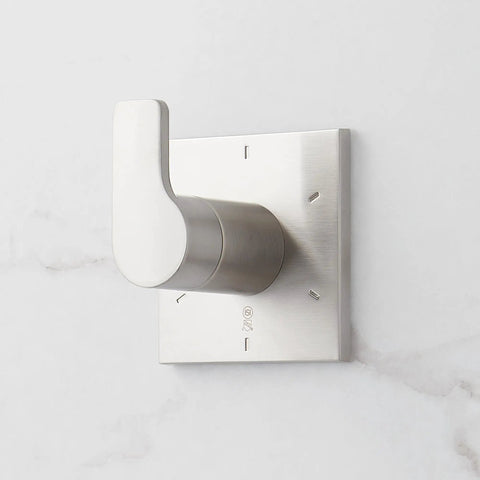 Slick Matte Black Hibiscus Thermostatic Shower System With 1.8 GPM Flow Control smooth valve handle on wall.