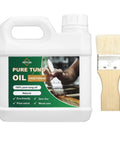 Real Deal Pure Tung Oil Wood Finish 34 Ounce Bottle with brush, non-toxic formula for protecting wood surfaces.