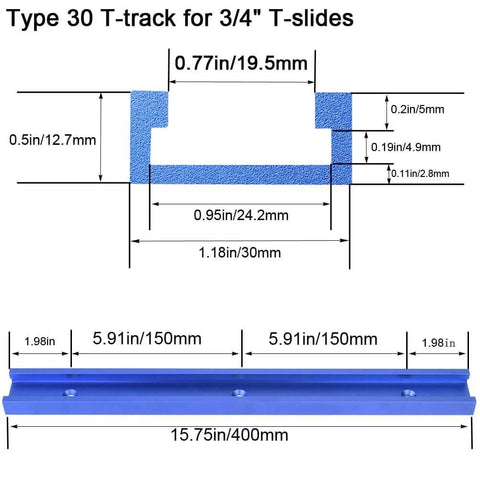 Aluminum 400mm Double Cut T Track Kit With Predrilled Mounting Holes And Wood Screws Universal Three Quarter Inch T Track For Woodworking Jigs And Fixtures Drill Press Table Built Tough Fifteen Point Seven Five Inches, 15.75 inches long with detailed dimensions