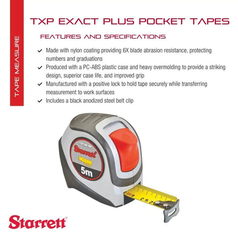 Exact Plus Retractable Metric Pocket Tape Measure With Nylon Coating, 5m length, features description, Starrett branding