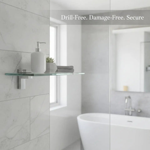 Compact Metal Alloy Clamp Bracket For Glass Shelves Adjustable Drill Free Mount in bathroom setting with glass shelf.