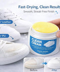 White Shoe Cleaner Cream with Built-In Sponge for Quick Touch Ups shown being used on white sneakers, smooth finish.