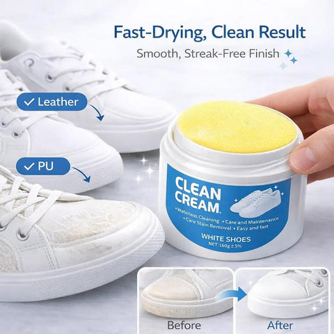 White Shoe Cleaner Cream with Built-In Sponge for Quick Touch Ups shown being used on white sneakers, smooth finish.