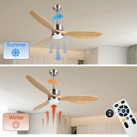 52 Inch Dope Smart Ceiling Fan With Lights Remote Control Three Way Control Solid Wood Blades Quiet Silicon Steel DC Motor Energy Efficient For Living Room And Bedroom Ideal For Any Home showing summer and winter mode