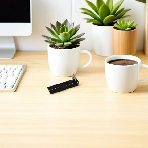 Rock Solid Under Desk Keyboard Drawer Slide Bracket Featuring Legit Secure Fit And Buttery Smooth Gliding With No Sweat Adjustments on a desk with plants.