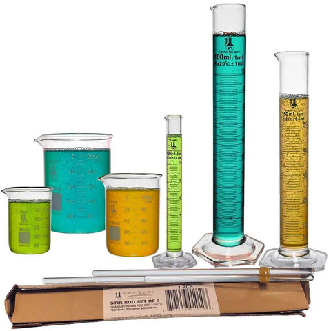 Lab Grade Glass Graduated Cylinder Set 10ml 50ml 100ml With Borosilicate Glass And Hexagonal Base, Beaker Set 50ml 100ml 250ml Low Form, Includes 3 Glass Stirring Rods In 6 8 10 Inch Sizes For Everyday Lab Work with colorful liquids