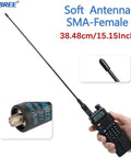 Dual Band Ham Radio Antenna 15.15 Inch Soft Whip SMA Female Connector For Baofeng UV5R with handheld radio close-up