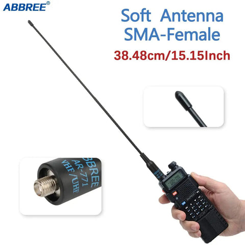 Dual Band Ham Radio Antenna 15.15 Inch Soft Whip SMA Female Connector For Baofeng UV5R with handheld radio close-up