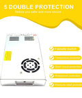 Straight Up Heavy Duty 5V 73A 350W Single Output Switching Power Supply with protection features and low profile design.
