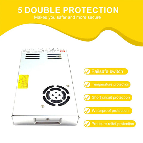 Straight Up Heavy Duty 5V 73A 350W Single Output Switching Power Supply with protection features and low profile design.