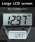 Digital Caliper 0.01mm showing large LCD display with measurement of 12.97mm, stainless steel material, precise readings.