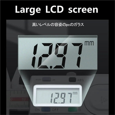 Digital Caliper 0.01mm showing large LCD display with measurement of 12.97mm, stainless steel material, precise readings.