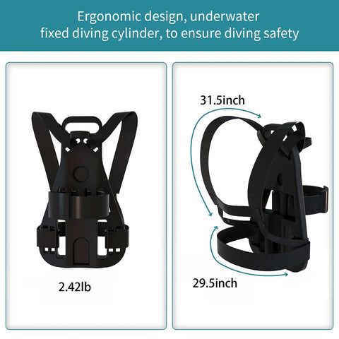 Ergonomic 2.42lb diving cylinder harness, shown from front and side, designed for 2.3L Scuba Tank For Refillable Diving Kit With 8mm Adapter.