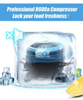 Keep Your Cool With This Badass 3.5 Cubic Foot Chest Freezer Featuring Seven Chill Zones And A Sleek Black Shell That Slays On Tiny Apartment Counters Or College Dorm Rooms, showing R600a compressor with ice cubes.