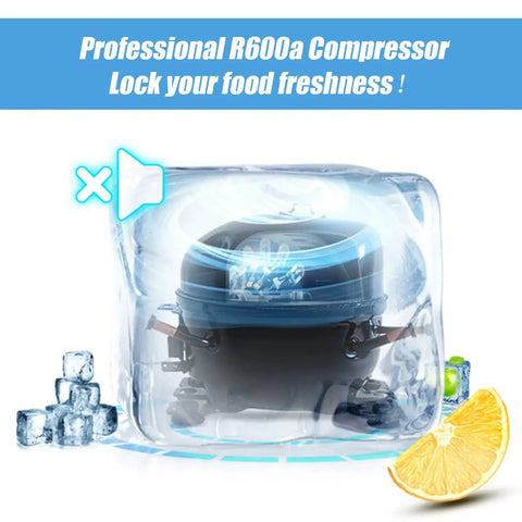Keep Your Cool With This Badass 3.5 Cubic Foot Chest Freezer Featuring Seven Chill Zones And A Sleek Black Shell That Slays On Tiny Apartment Counters Or College Dorm Rooms, showing R600a compressor with ice cubes.